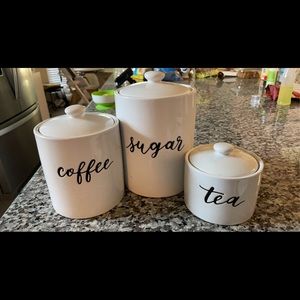 3 Threshold canisters. Sugar, coffee, tea